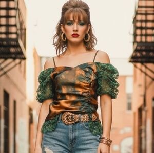 Vintage 1980s Metallic Lace Puff-Sleeve Top (Upcycled)